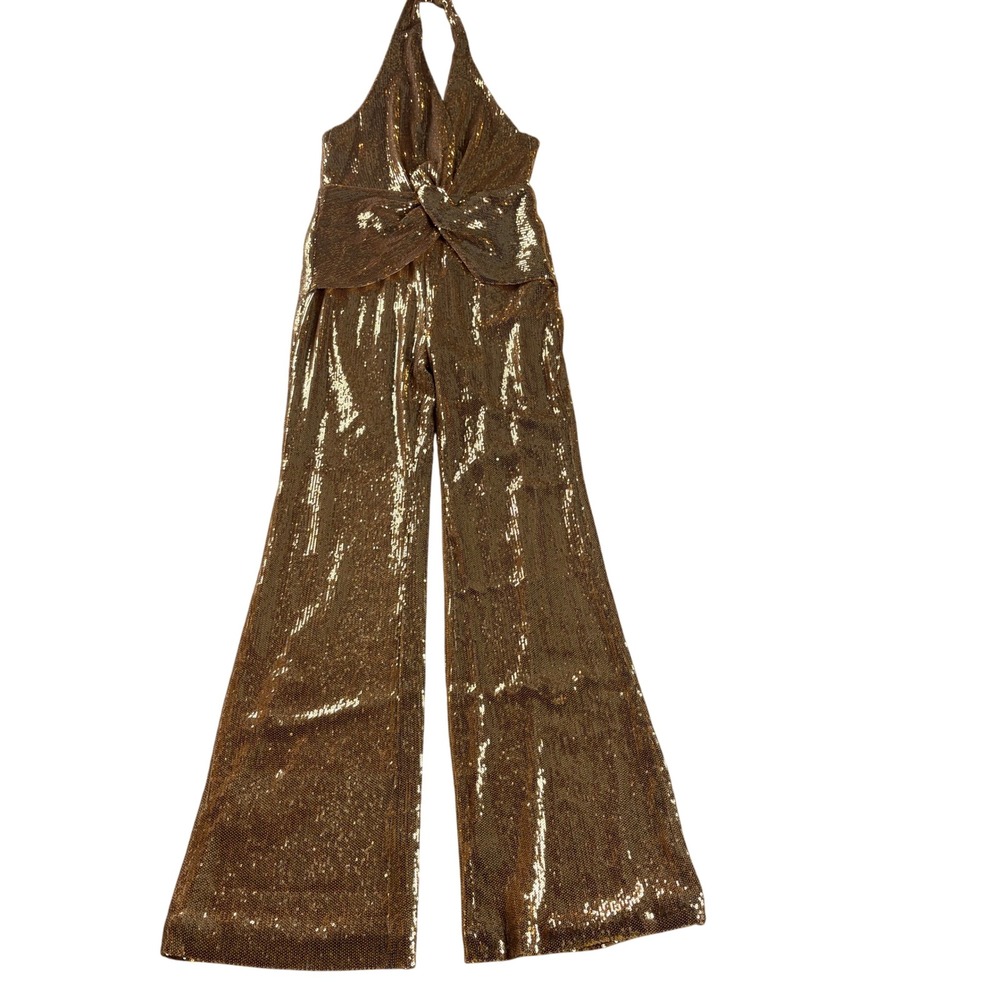 Mew Mews Enoch Gold Sequin Halter Backless Wide Leg Jumpsuit M NWT